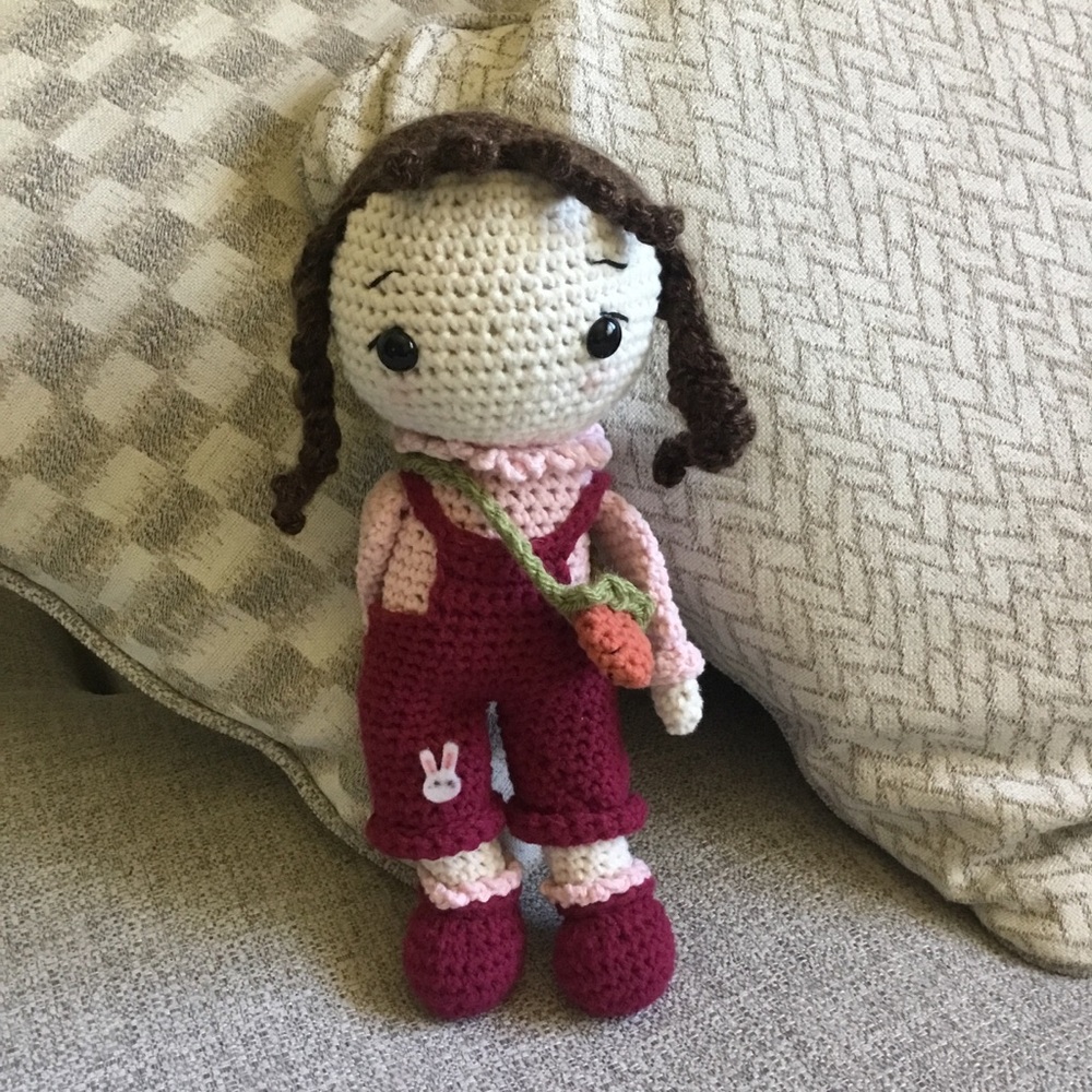 Handmade Crocheted Doll in Berry Overalls with Carrot Purse
